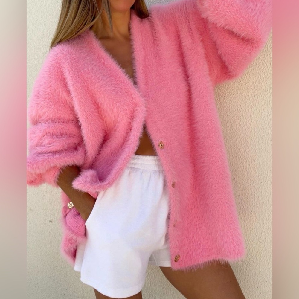 Vita Grace Allesandra Cardigan Sweater One Size Pink Fuzzy Coquette Statement